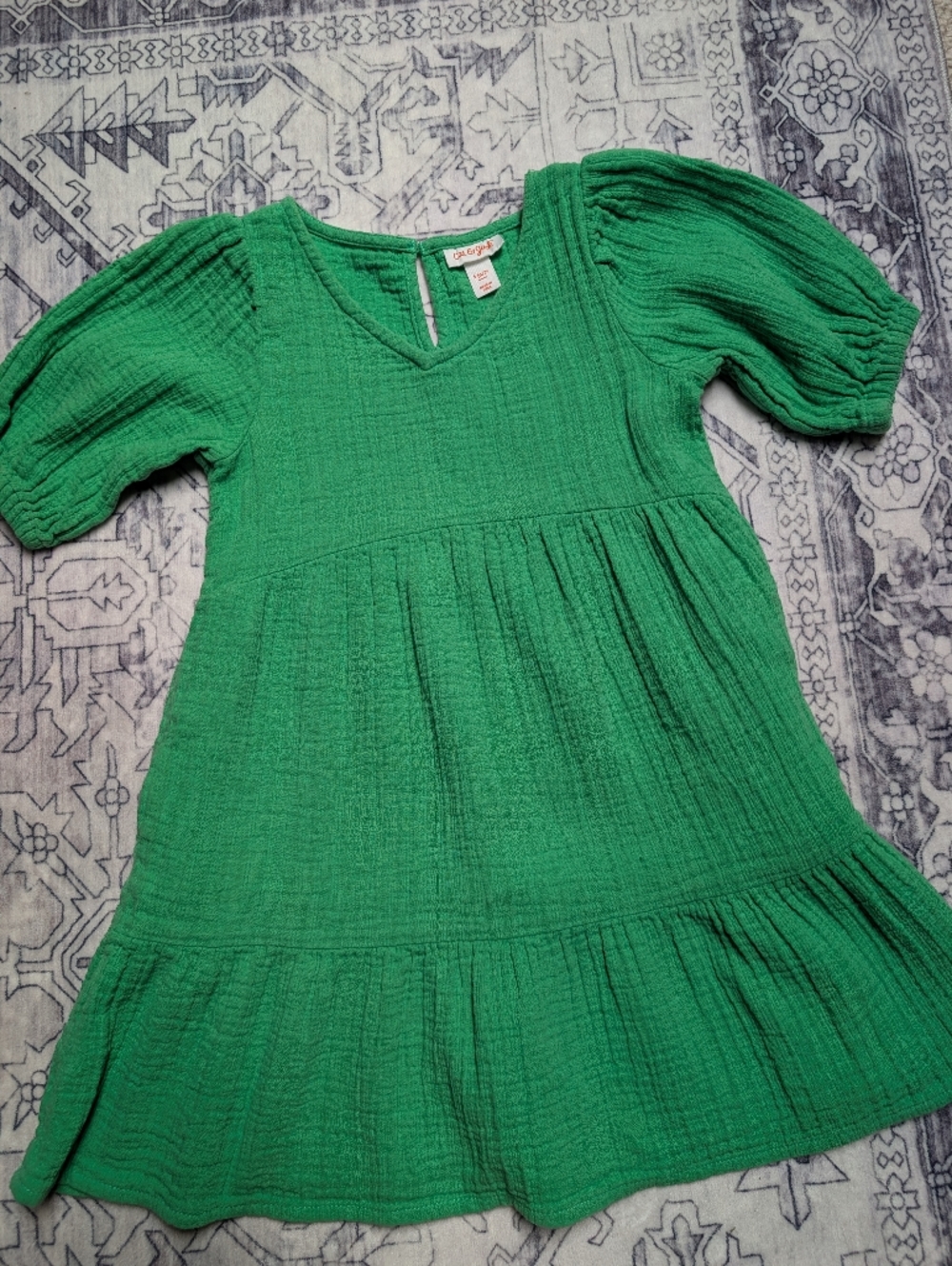 Cat & Jack 100% Cotton Green Tiered Dress with Puff Sleeves Size 6-7